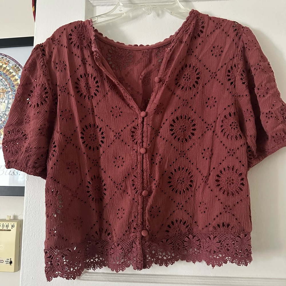 Abercrombie & Fitch Red Orange Puff Sleeve Cropped Blouse